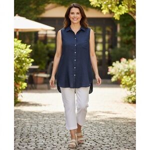 J. Jill Navy Sleeveless Tank Top 100% linen button down blouse size 1X
